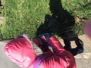 One of the girls takes a photo of Central park flowers on her IPad so she can match them with an app which will identify them.
