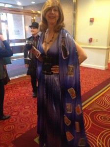 Jeannette of Tarot Garden wins best outfit AGAIN. She made this thing! (Decked with faces of famous Tarot women. Yeah. She wins.) 